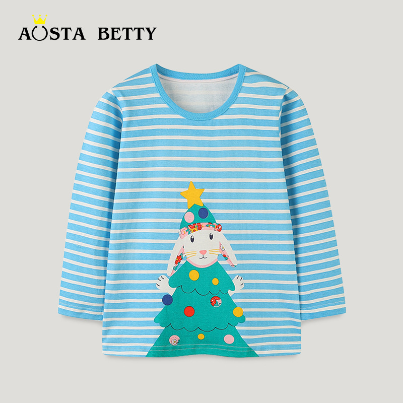 Camiseta de manga larga para niños estilo europeo y americano, nuevo estilo navideño de otoño con estampado de conejo, camiseta básica para niños, venta al por mayor de una sola pieza.