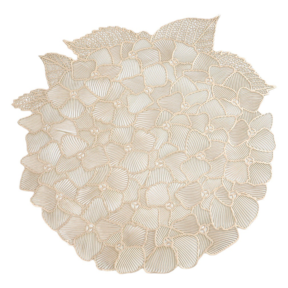 Nuevo dorado PVC placemat hydrangea hueco redondo oro plata impermeable antideslizante aislamiento estera de mesa estera Montaña Rusa