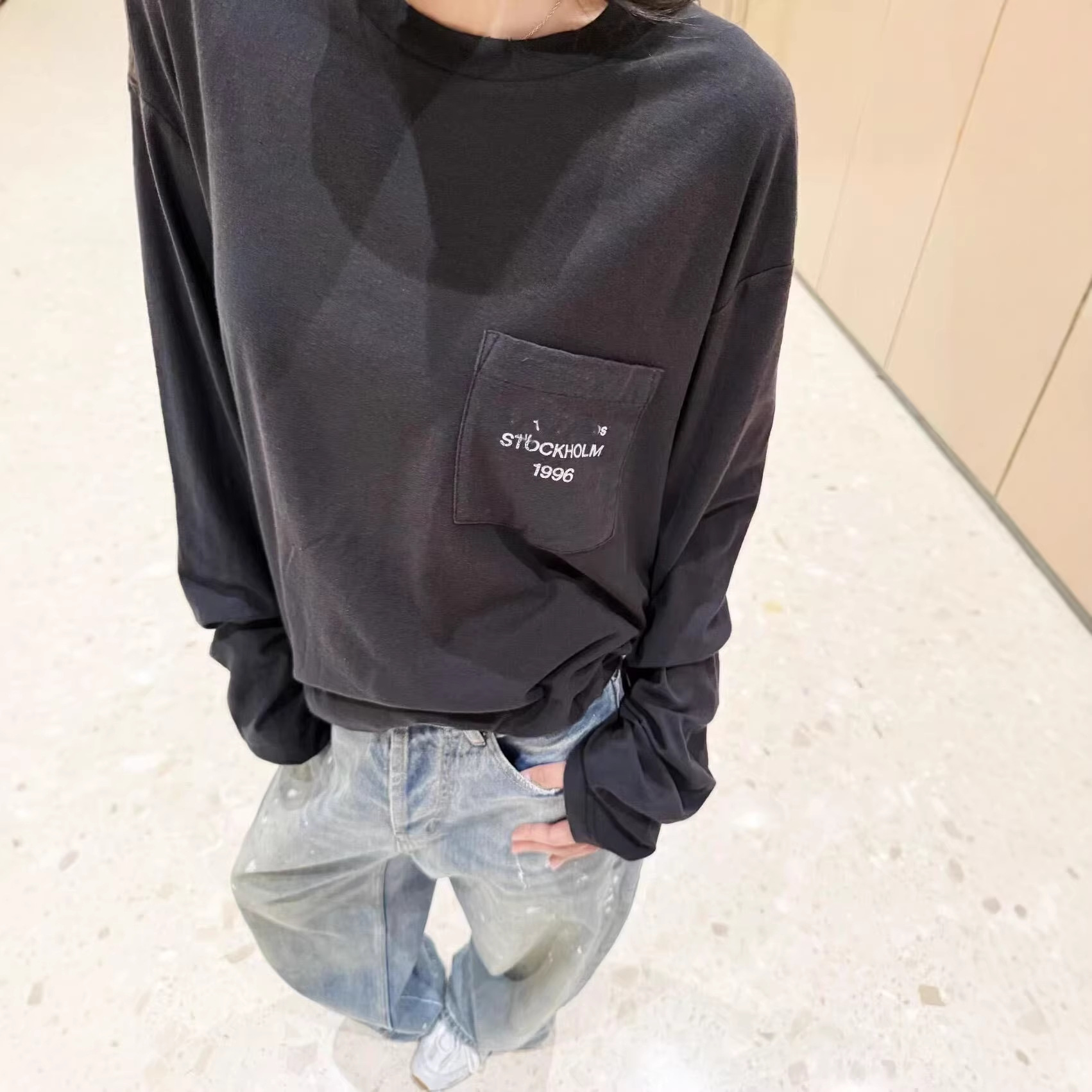 New! Nanyou 26 New Style Pocket Print Linen Long-Sleeve Base Shirt Casual Round Neck Pullover T-Shirt Unisex Top