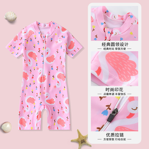 Children's swimwear new one-piece surfing suit long-sleeved small, medium and large children's baby boys and girls cute baby print sun protection