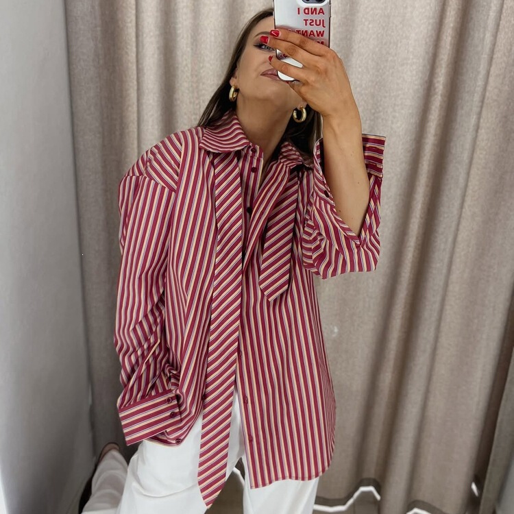 French-Style High-End Striped Tie Shirt for Women 2026 New Simple Casual Style Turn-Down Collar Long-Sleeve Cardigan Shirt French-Style High-End Striped Tie Shirt for Women 2026 New Simple Casual Style Turn-Down Collar Long-Sleeve Cardigan Shirt