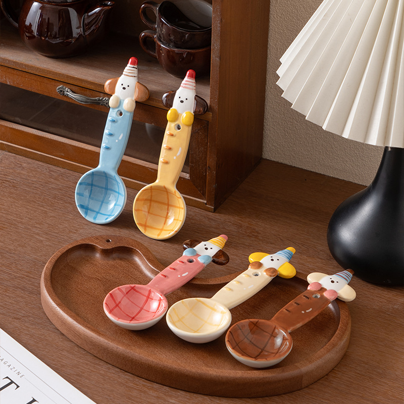 Cute sausage puppy bread ceramic spoon, hand-painted underglaze color small spoon, adorable and attractive dessert long-handled spoon