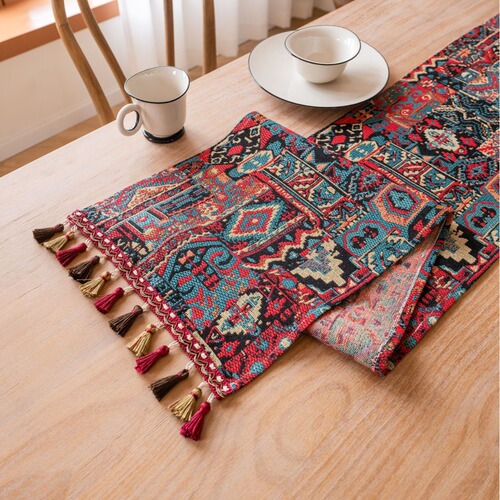 Imanqi Yun Table Banner with Red Holiday Geometric Fringe Brocade Tablecloth, Factory Direct Supply