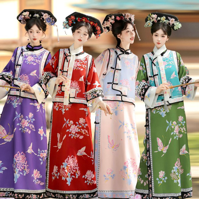Female Qing Dynasty Printed Ancient Costume Qing Dynasty Yanyi Princess Cheongsam Palace Princess Outfit Two-Piece Set Travel Photography Clothing for Women