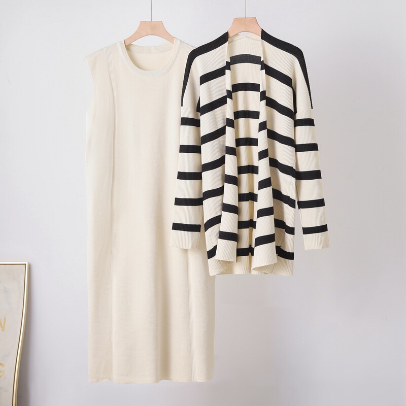 Cross-Border Casual Foreign Trade Dress Set for Women, Autumn Loose Mid-Length Striped Sweater Dress, Knitted Two-Piece Set