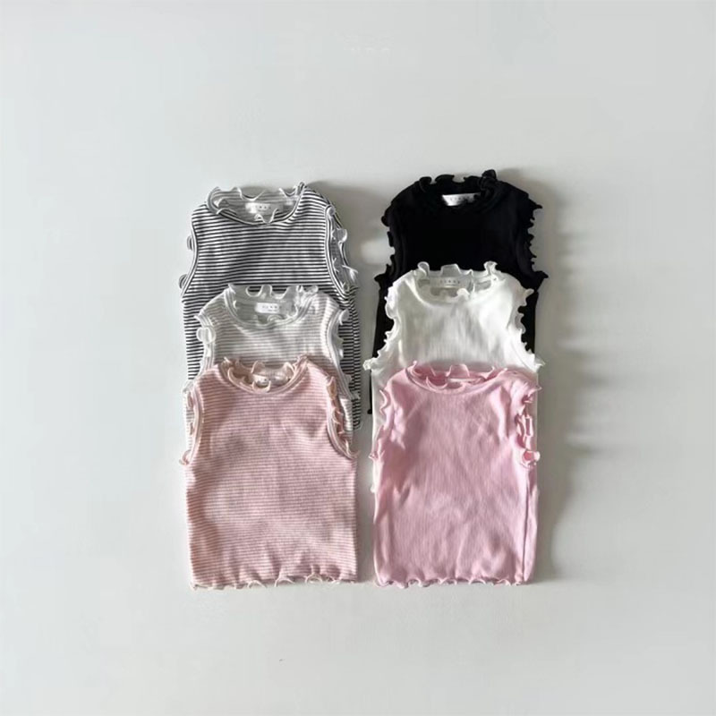 Estilo coreano ins infantil ropa para niños verano algodón fino fresco oído de madera chaleco bebé color sólido rayas moda camiseta sin mangas