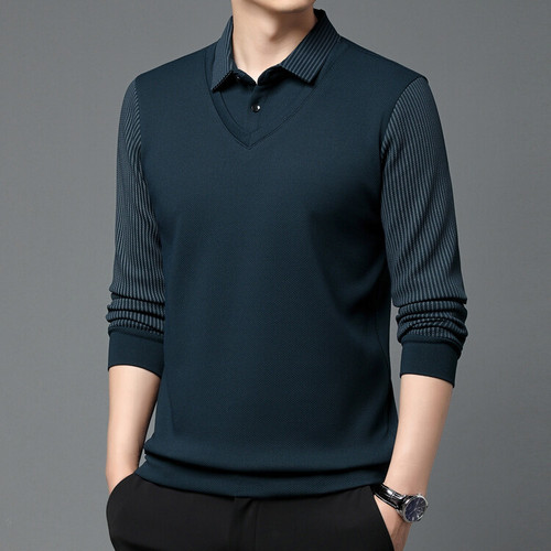 Autumn/Winter Men's Fleece Lined Thick Two-Piece Top Men's Long-Sleeve T-Shirt Casual Striped Polo Shirt