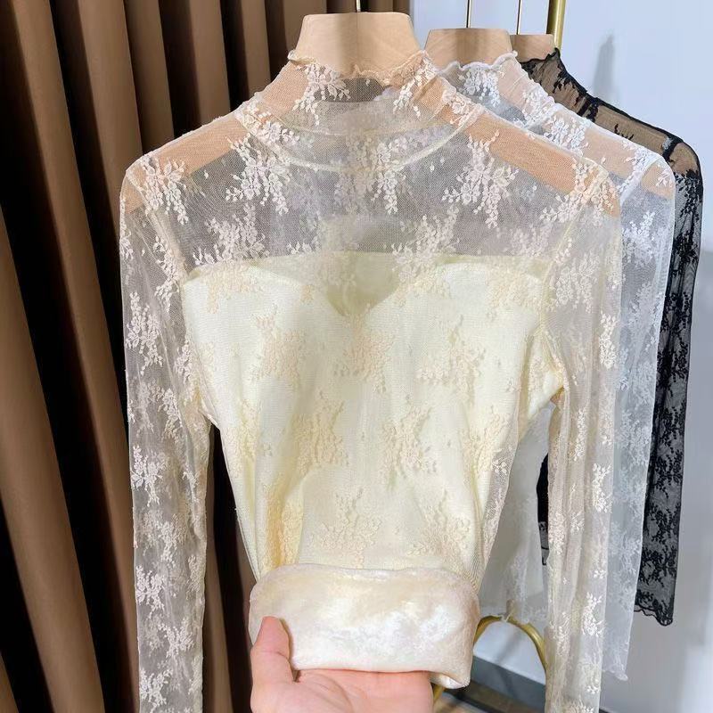 High-Neck Fleece-Lined Lace Base Shirt for Women 2025 New Style with a High-End Feel, Layered with a Mesh Inner Layer for Warmth