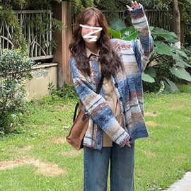 慵懒风针织开衫毛衣2025新款女春秋美式复古韩系条纹韩系初秋外套