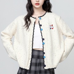 撞色圆领针织开衫女2025秋冬新款设计感卡通刺绣毛衣外套短款上衣
