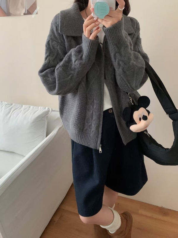 复古针织开衫女装秋冬新款跨境宽松慵懒风麻花翻领拉链毛衣外套女|undefined
