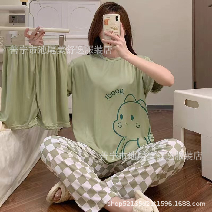 Pajamasクロスボーダー外国貿易工場卸売パジャマ女性半袖ショートパンツ長ズボン三点セット漫画ホームスーツ|undefined