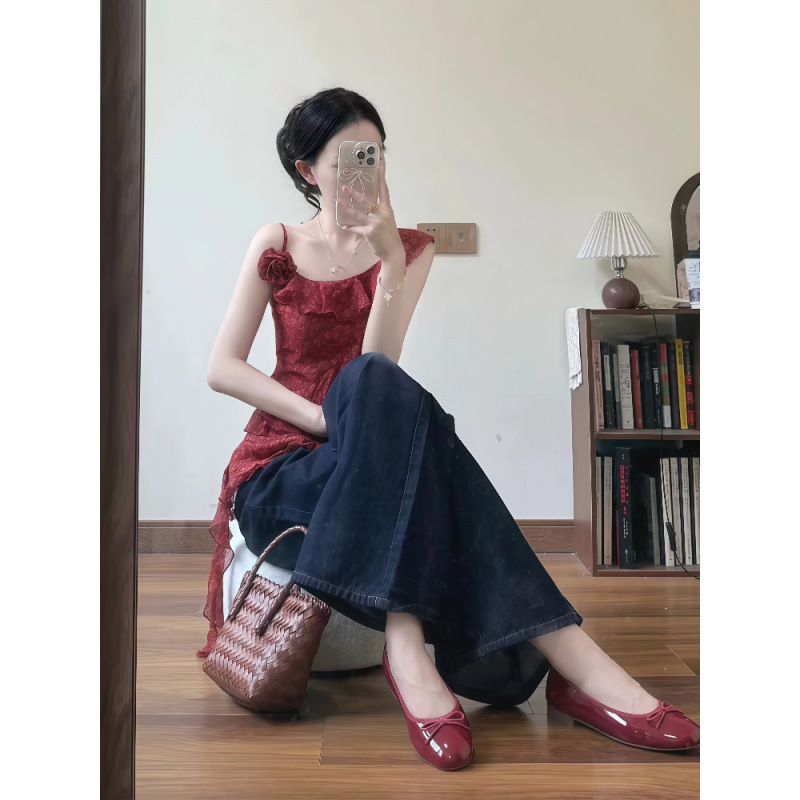 ootd法式甜辣穿搭一整套2025夏季新款不规则挂脖上衣牛仔裤套装女|undefined