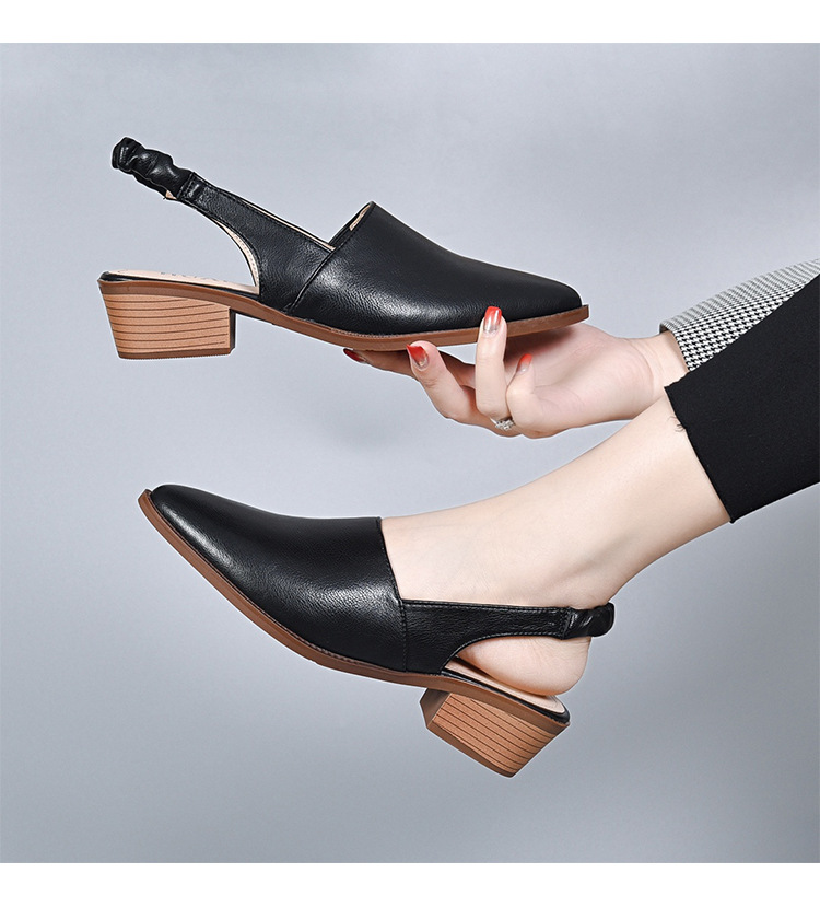 Dép sandal nữ da thật mũi nhọn gót trung bình quai chữ V — Màu đen chi tiết 7