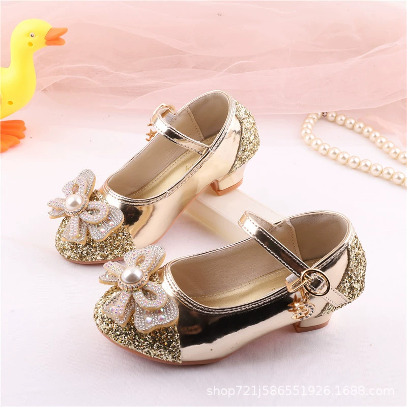 Туфли на каблуках для девочек весенне-осенние новые детские кроссовки принцессы золотые туфли для девочек