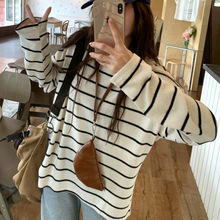 2025现货时尚潮流韩版条纹情侣款宽松保暖长袖磨绒拼袖打底衫女装