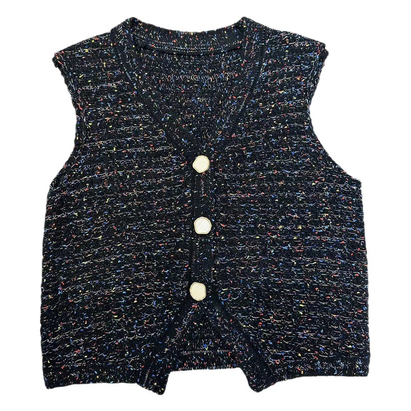 Estilo de Chanel con cuello en V Chaleco de punto cardigan de las mujeres del otoño desgaste exterior colorido hilado de alta Ji sentido split corto Chaleco de estilo occidental