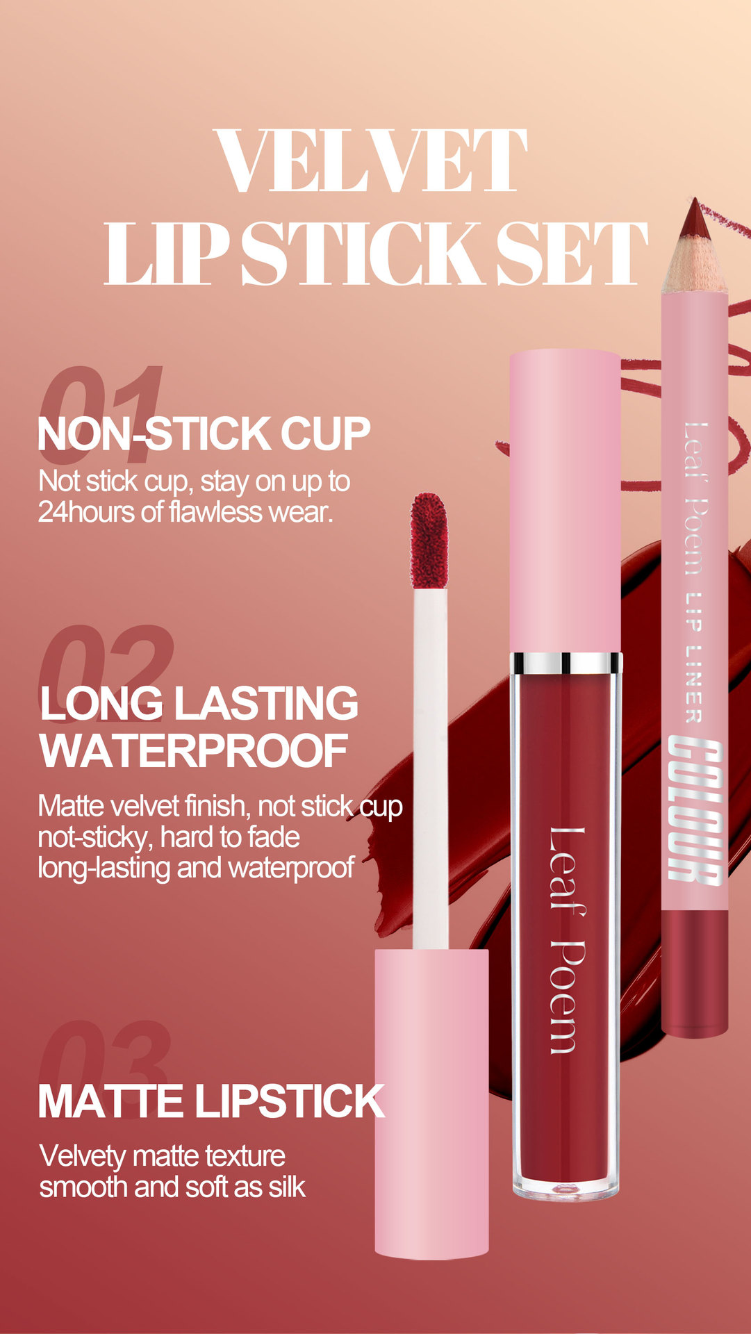 LEAF P0EM Maquillage Cross-Border Ensemble Gloss à Lèvres Mat Waterproof Non-Stick + Liner_voghion.com