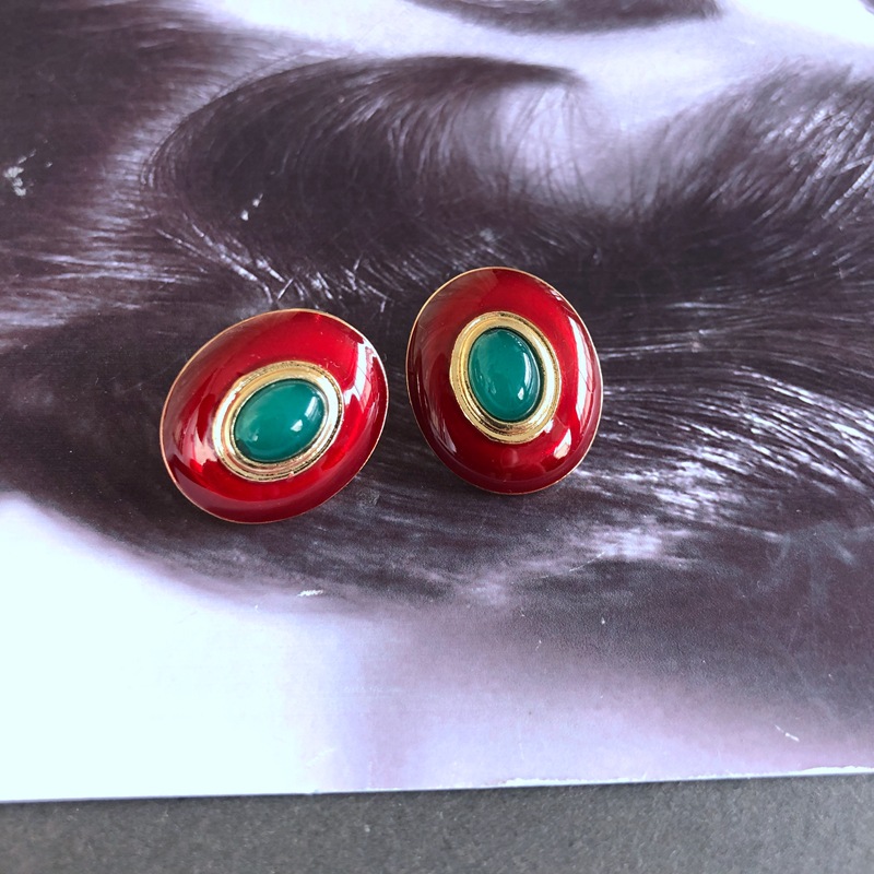 14g Weight No Inlaid Inlay Material Earrings, Ear Studs Classification Wedding, Travel Occasion Alloy Material Printing Pattern Women'S Gender Fashion Style Green, Silver Color Retro Red Oil Drip Glaze Enamel Heart Wave Dot Color Matching Geometric Earrings Wholesale Nihaojewelry 15