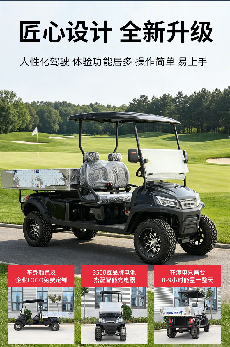 Electric golf cart with cargo box, dual-purpose for scenic sightseeing and cargo transport, 2-seater freight golf cart