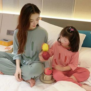 2023 spring new parent-child home clothing CUHK boys and girls smiling modal nine-sleeve air conditioning clothing pajamas