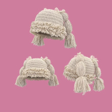 ins风二次元粉色麻花辫子假发毛线帽子女秋冬保暖甜美软妹针织帽