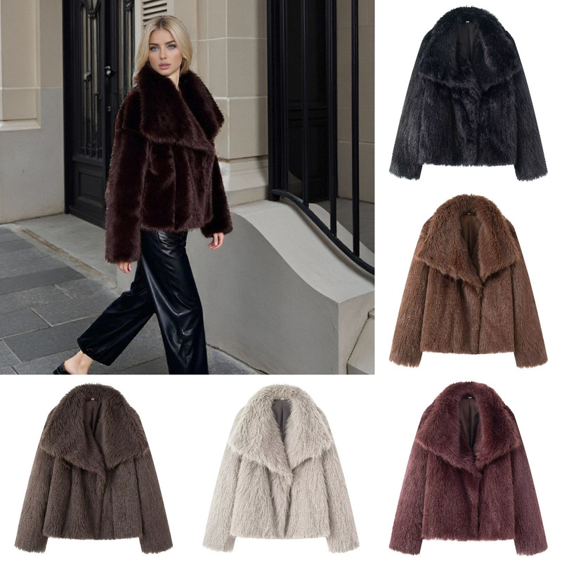 Cross-Border Foreign Trade Spot European and American Style Women's Clothing Autum New Popular Imitation Fur Elegant Large Lapel Fur Coat