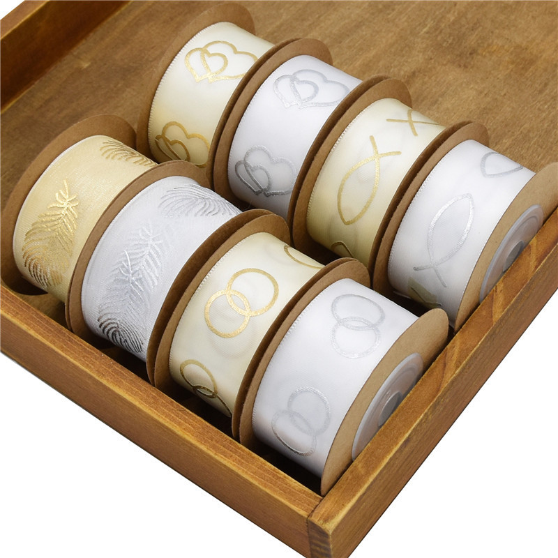 Transfronterizos seda estampada cinta de poliéster decoración de boda embalaje de regalo impresión plumas amorosa cinta de pez 5 metros