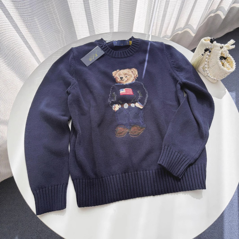 Rl/Scanable 25-Year-Old Bear Autumn and Winter New Pure Cotton Heavy Embroider Cartoon Round Neck Knitted Sweater Women's Casual