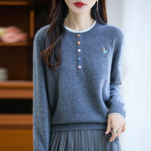 100% Pure Wool Women's Crew Neck Embroidered Pseudo-Two-Piece Base Shirt Autumn/Winter Loose Matchable Soft Hooded Sweater