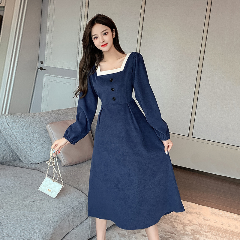 [High Quality Original] French Retro Long Sleeve Dress Women's Autumn and Winter Age Reduction and Slimming Square Neck Corduroy Skirt