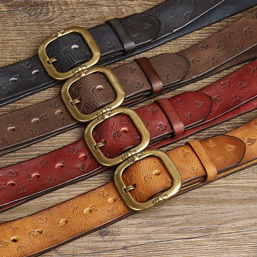3.8CM wide new style Korean version personalized machine embossed vegetable tanned belt men's genuine leather pure cowhide pin buckle belt men's style
