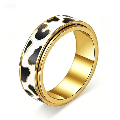 Amazon Tk European and American Cross-Border Oil-Drip Black and White Cow Pattern Stainless Steel Rotating Ring for Anxiety Relief Rotating Ring