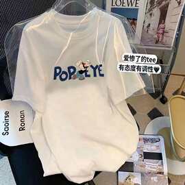 新疆重磅纯棉短袖t恤女夏季新款减龄卡通设计感印花白色打底上衣