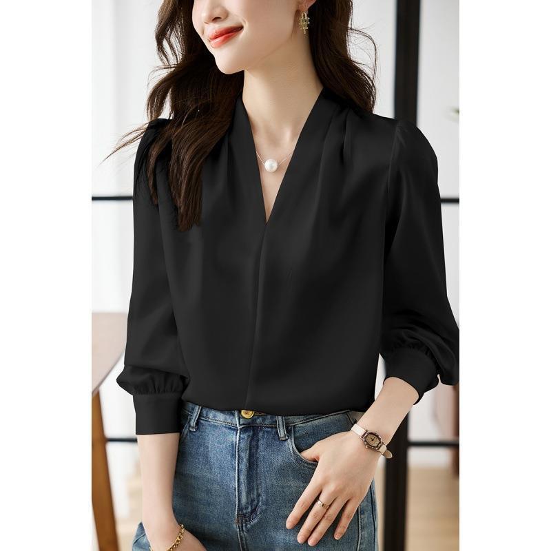Simple Design Shirt for Women in Spring and Autum, V Neck Style, Light and Mature Style, Commuter Chiffon Shirt, French Style, Gentle