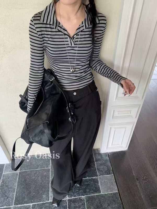 新款欧美风时髦百搭女装polo长袖休闲条纹上衣质感洋气打底衫5362|undefined