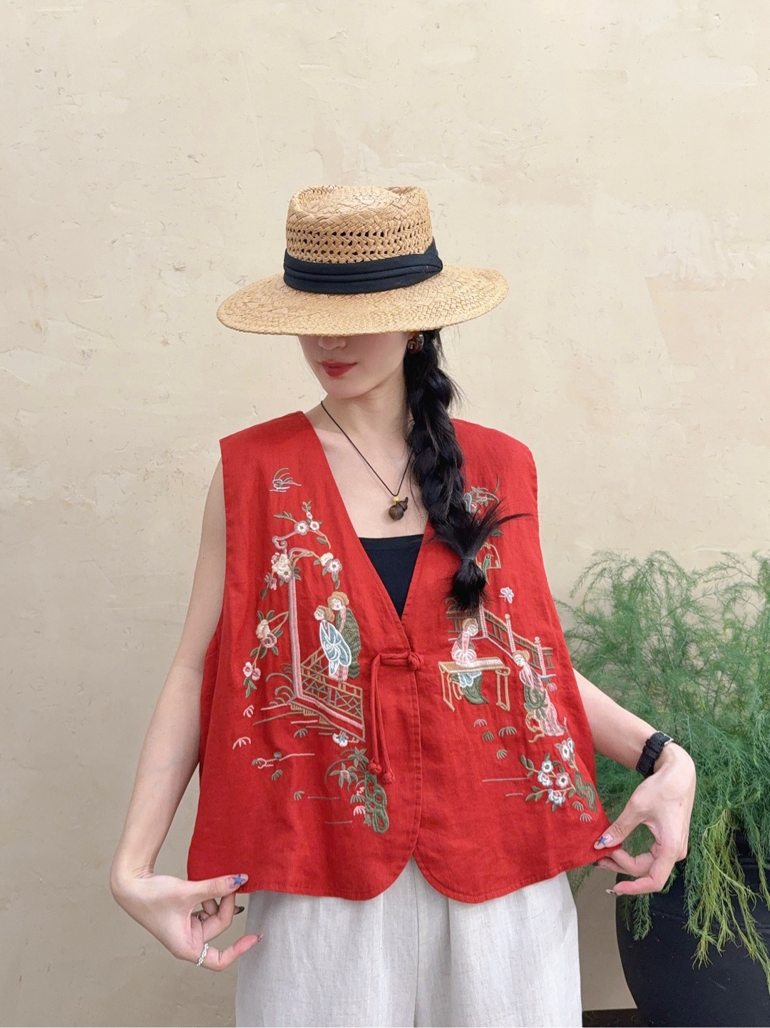 2025 otoño nueva mujer bordada estilo nacional chaleco de lino retro V-cuello cardigan top de moda de otoño