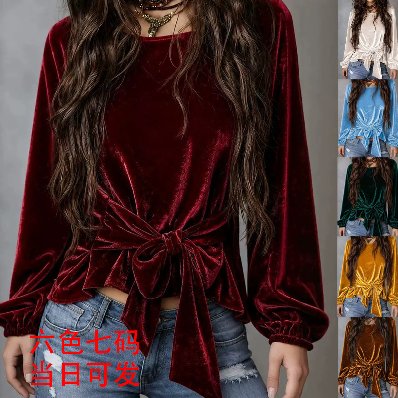 (In stock) 2026 Cross-border Amazon European and American French-style velvet bow shirt, autumn long-sleeve women's top