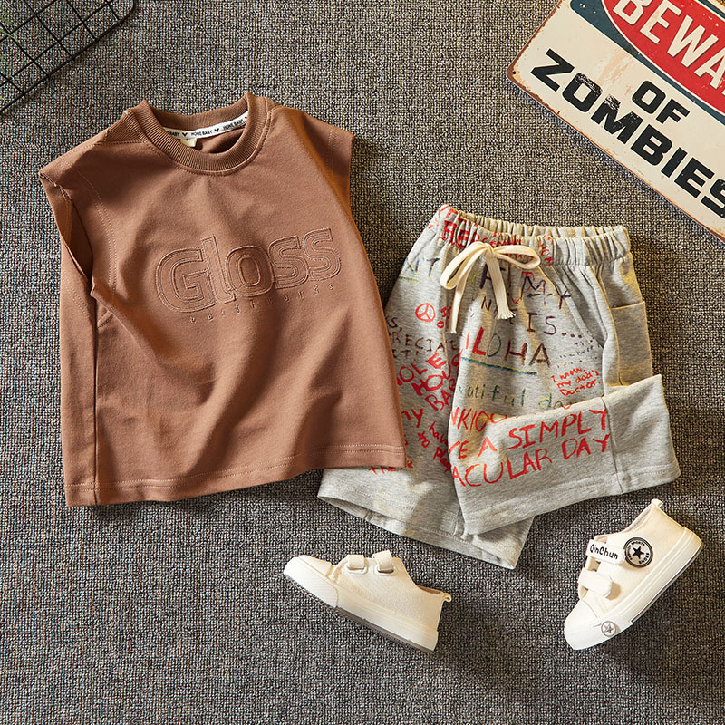 5377 Traje de verano para niños Ropa del tesoro para hombres Chaleco sin mangas para niños Pantalones cortos Chaleco delgado de dos piezas de moda