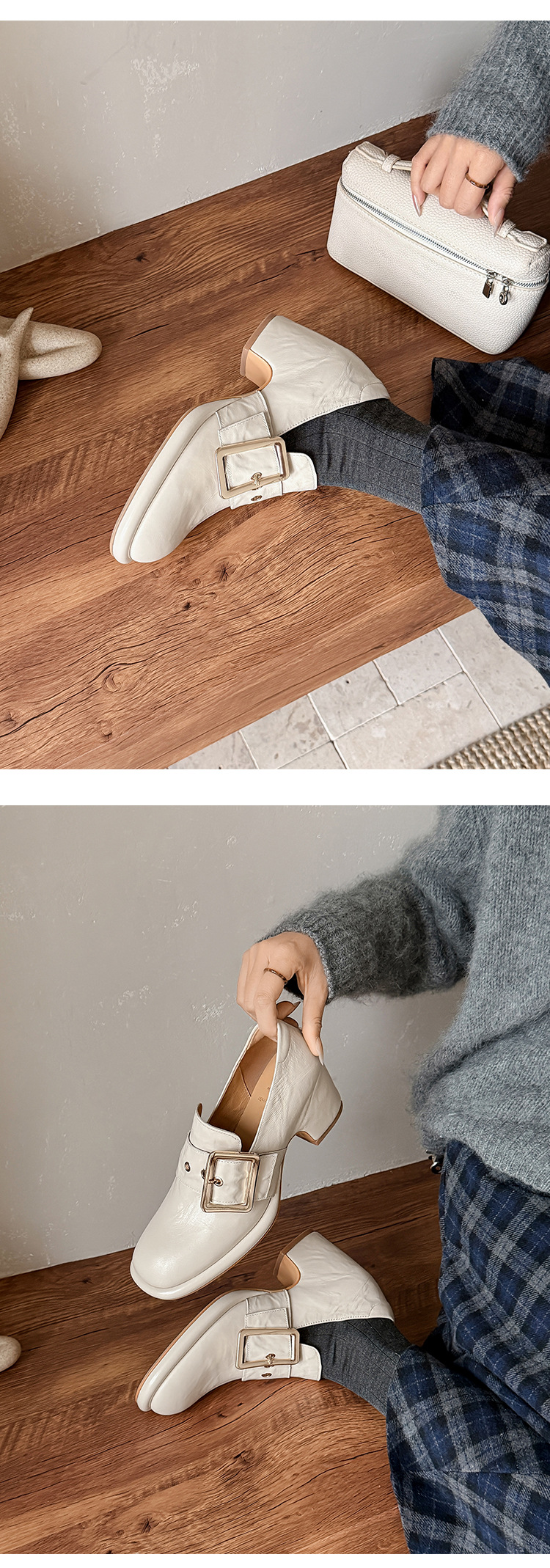Giày cao gót nữ loafer da cừu gót vuông 7 cm — màu nâu chi tiết 19