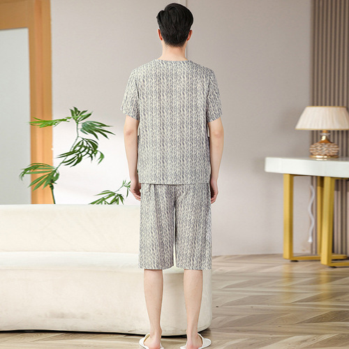 Mid-Age Men Summer Pajamas Set of 2 Cotton Short Sleeve Open-Front Top and Bottom Set for Dad Home Wear