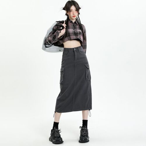 Open-back design drawstring work dress women 2025 gray versatile denim skirt niche high-waisted midi dress