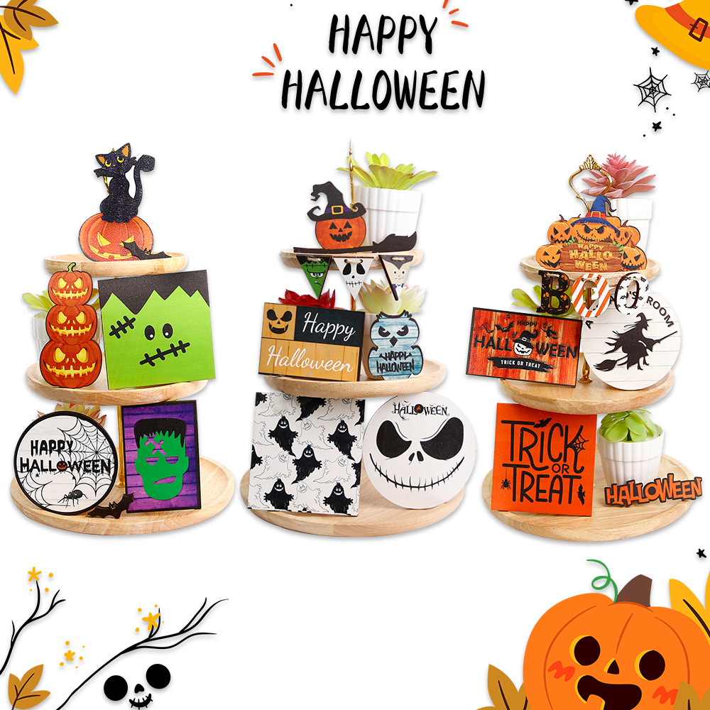 Nueva decoración de Halloween con bandeja de varias capas, letrero de madera, artículos para fiestas, adornos de mesa, elementos de Halloween, manualidades de madera