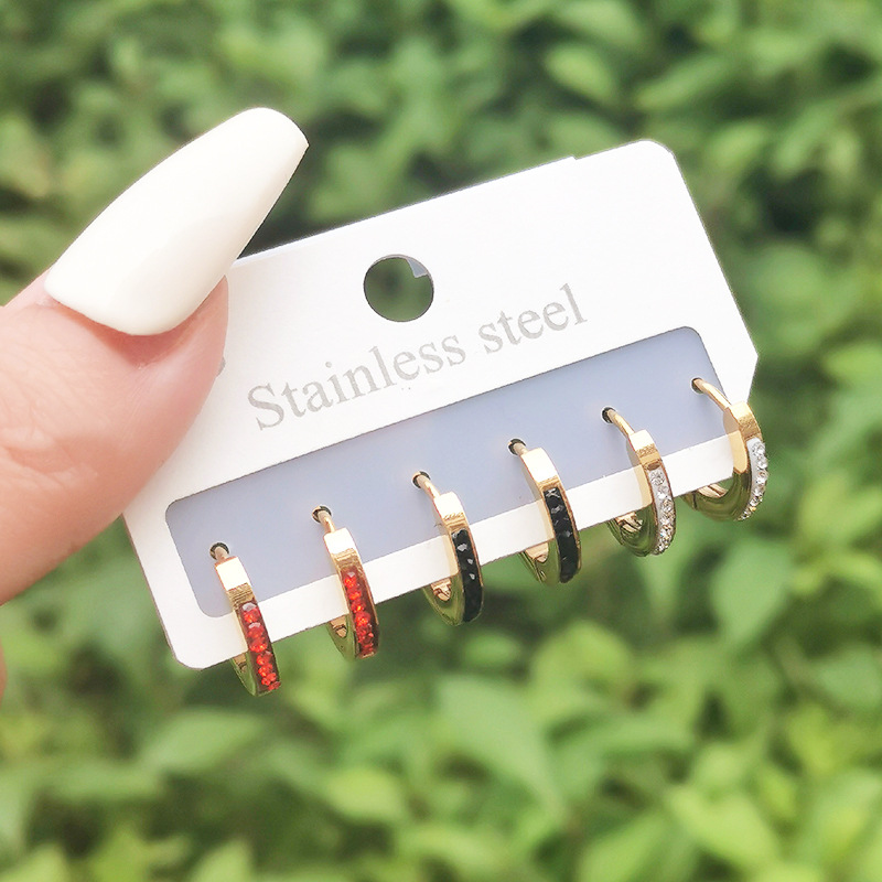 Fashion Round Titanium Steel Inlay Rhinestones Hoop Earrings 3 Pairs