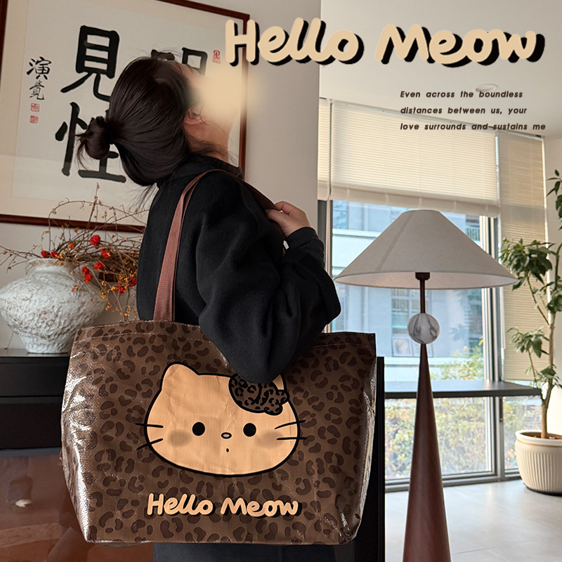Coffee-Colored Cat Woven Bags in Stock, Gift Plastic Tote Bags, Holiday Custom Clothing Bags, Pp Bags with Customizable Logo