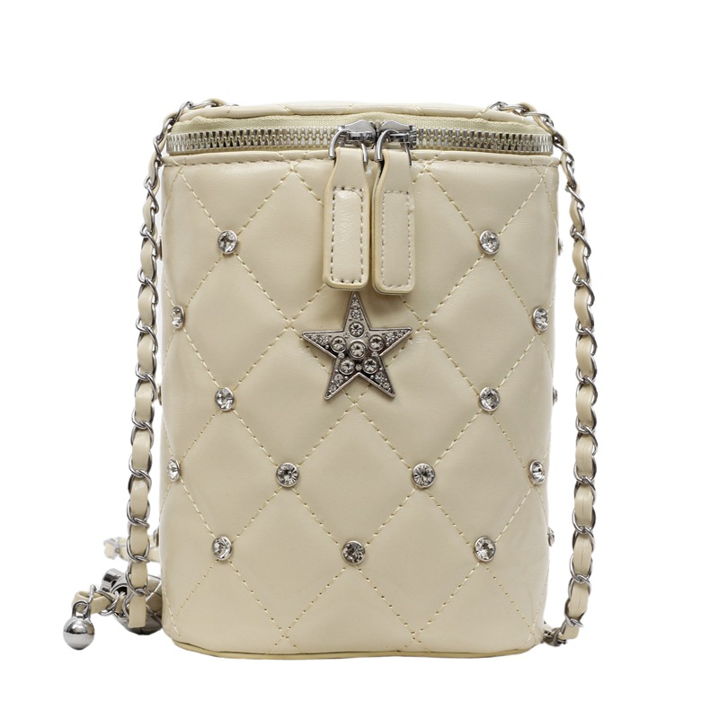 Versión coreana del pequeño bolso de cubo de viento de fragancia 2025 nuevo bolso femenino de cadena estilo extranjero bolso de hombro con diamantes bolso de mensajero de hilo bordado de diamantes