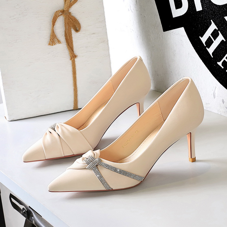 3391-A1 European And American Fashion Party Heels Stiletto Shallow Pointed Rhinestone Bow High Heel Pumps Women's Shoes_vogvips.com