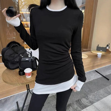 中长款加厚德绒保暖长袖打底衫T恤女春秋冬季内搭大码假两件上衣