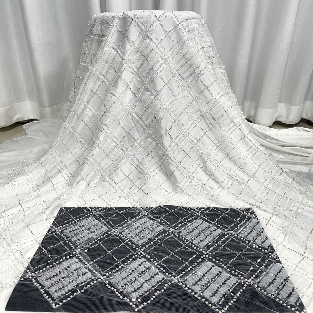 Blanco pesado vestido de boda tubo de perlas sequinilla tela flor trío en un vestido de encaje bordado tela encaje