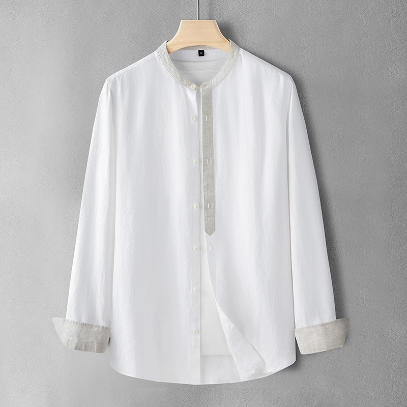 Summer Linen Collar Shirt Men's Loose Colorblock Casual Shirt Simple Cotton Linen Top Long-sleeved Thin Breathable Cardigan